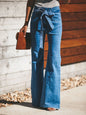 High-Waisted Tie-Front Flare Jeans - Sky Blue -