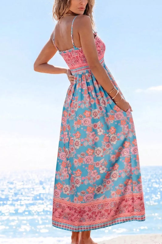 Bohemian Ethnic Print Spaghetti Straps Vacation Maxi Dress - - dresses