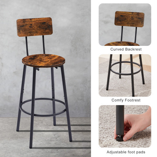 Rustic Brown Round Bar Stool Set with Shelves - - dining set