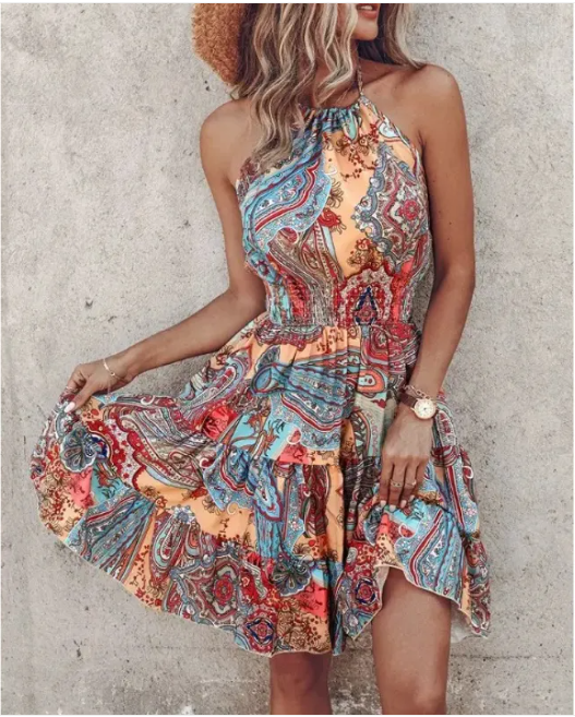 Summer Chic Halter Dress - European & American Print - color 3 XL - dress