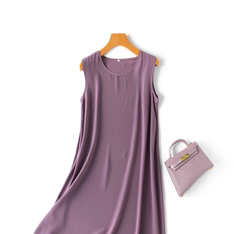 Silk Dress Crepe Dechine Solid a Line Sleeveless O Neck Tank Dresses