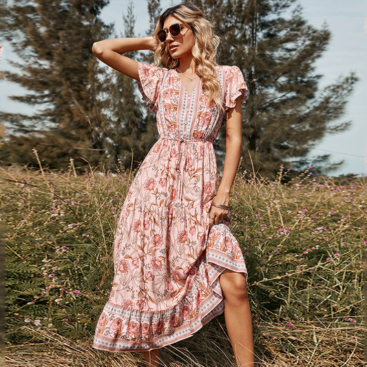 Short Sleeve Beach Bohemian Dresses Ladies v Neck Floral Maxi Casual Boho Dress