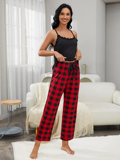 Lace Trim Cami and Plaid Pants Lounge Set- Shopimist- {{Product type}}