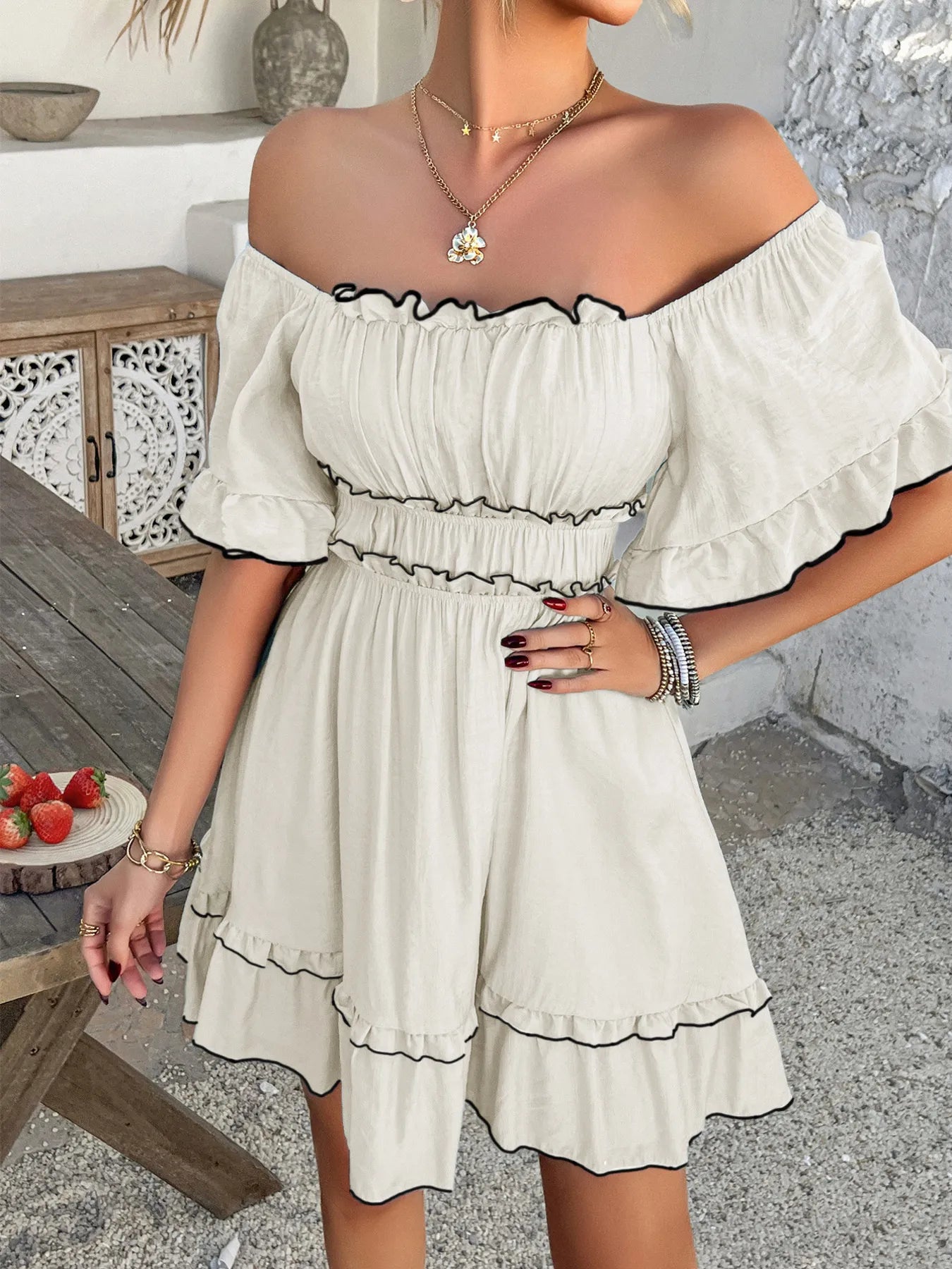 Square Neck Ruffle Trim Mini Dress - -