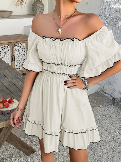 Square Neck Ruffle Trim Mini Dress - -
