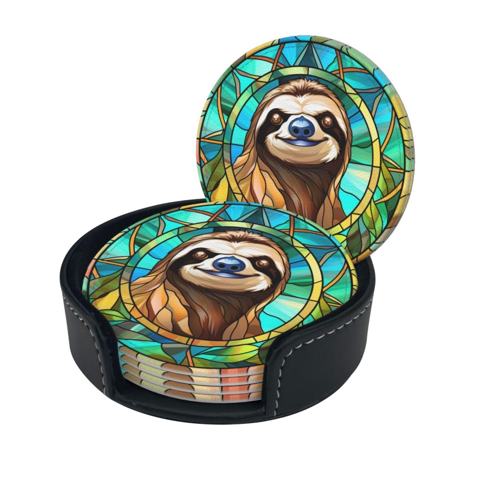 Sloth Leather Coaster Set - 6 Pcs with Holder - Sloth - coasters