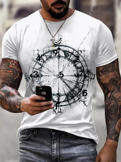 Men's Full Size Artistic Compass Graphic Round Neck T-Shirt Plus Size - White -