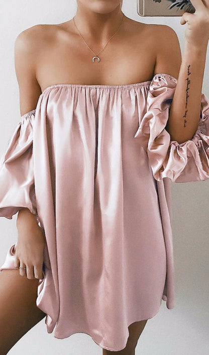 New Womens Off-Shoulder Loose Casual Dress - Pink M - dress