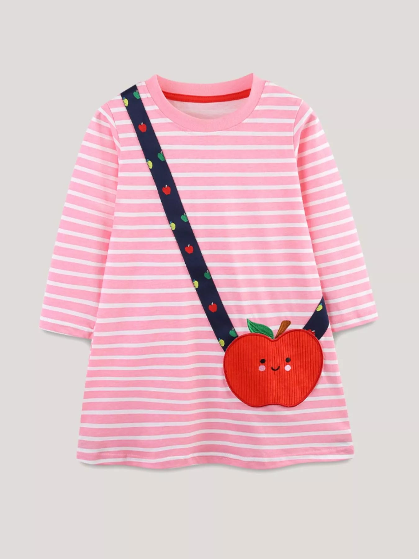 Children's Apple Applique Striped Long Sleeve Dress - -
