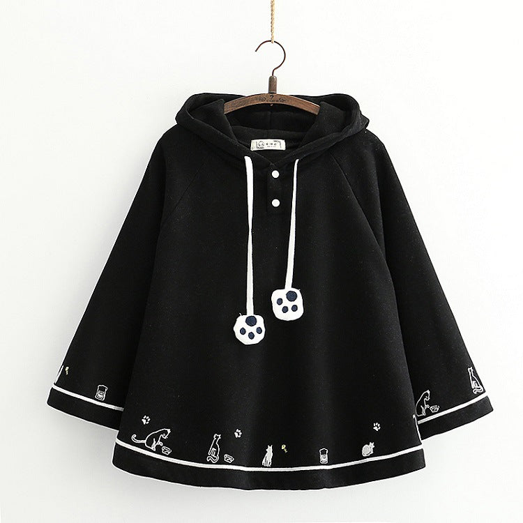 Cute Heart Cat Embroidery Cape Coat for Girls - Black One Size - cape