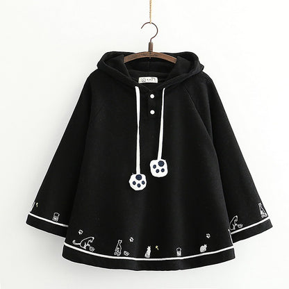 Cute Heart Cat Embroidery Cape Coat for Girls - Black One Size - cape