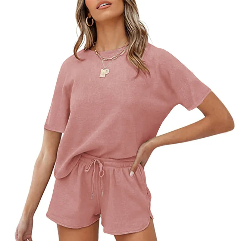 Loungewear Sets Waffle Solid Two Piece Casual Home Wear Shorts Sets T Shirt