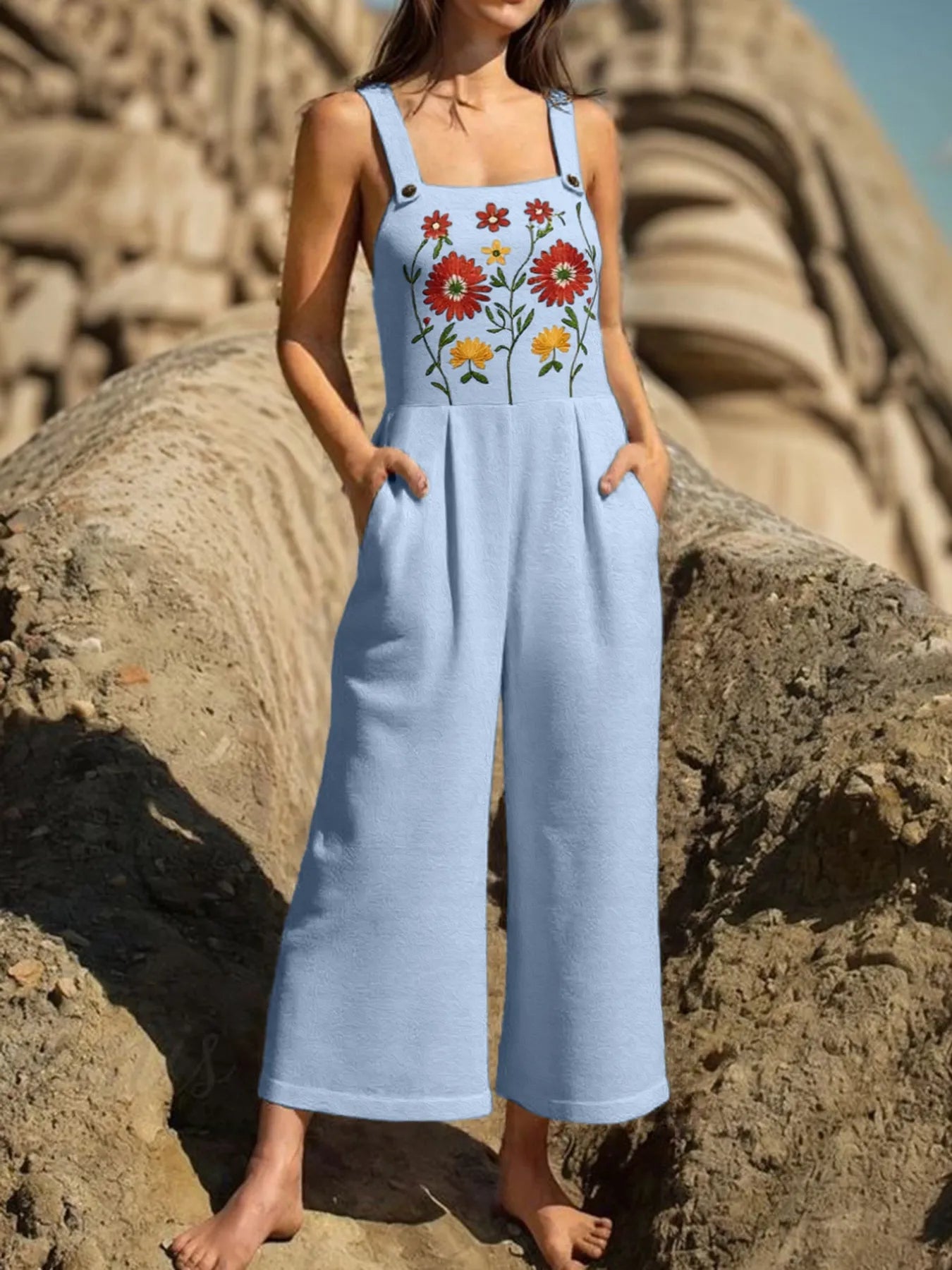 Floral Embroidered Wide Leg Jumpsuit - Light Blue -