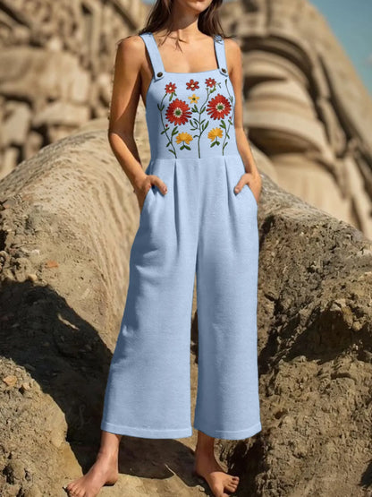 Floral Embroidered Wide Leg Jumpsuit - Light Blue -