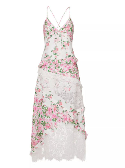 Lace Floral Print Ruffle Trim Maxi Dress - -