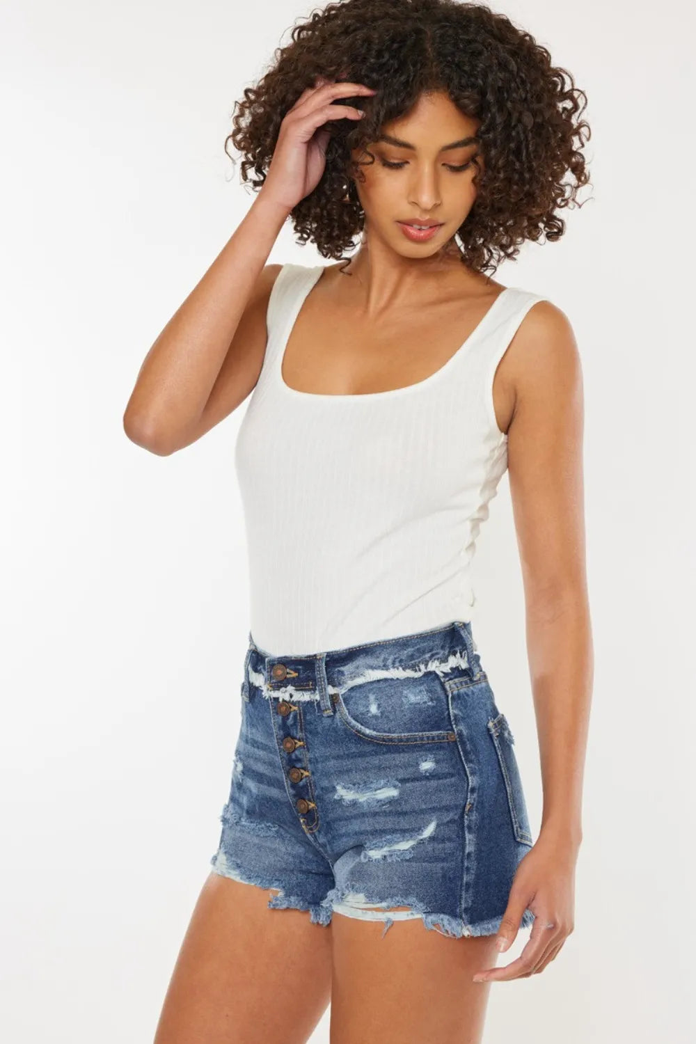 Kancan Distressed Button Fly Denim Shorts - -