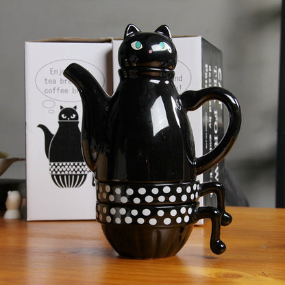 Ceramic Cup Set with Black and White Cat Design - Black - tea set