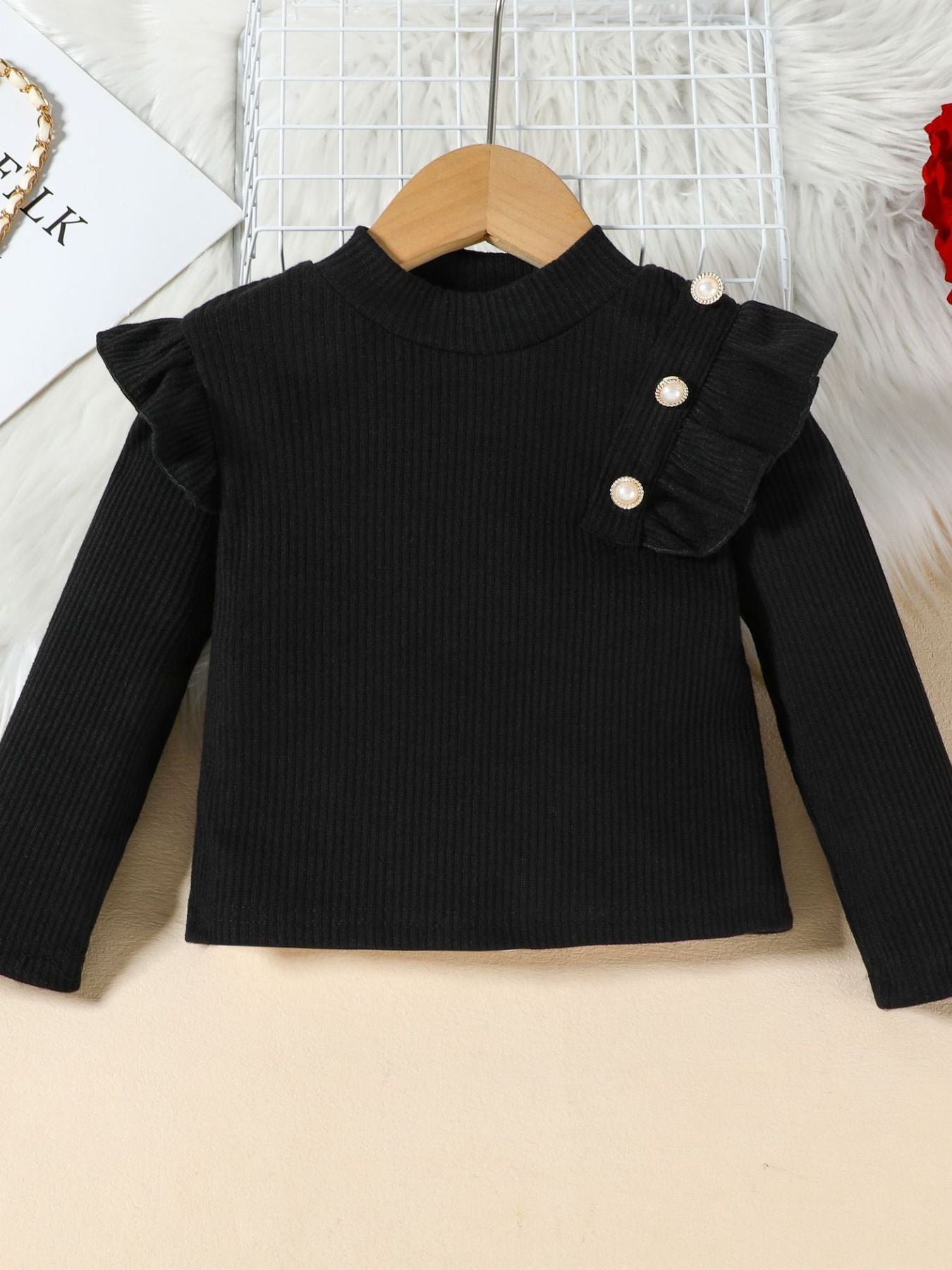 Children's Ruffled Trim Ribbed Top & Faux Leather Skirt Set - -