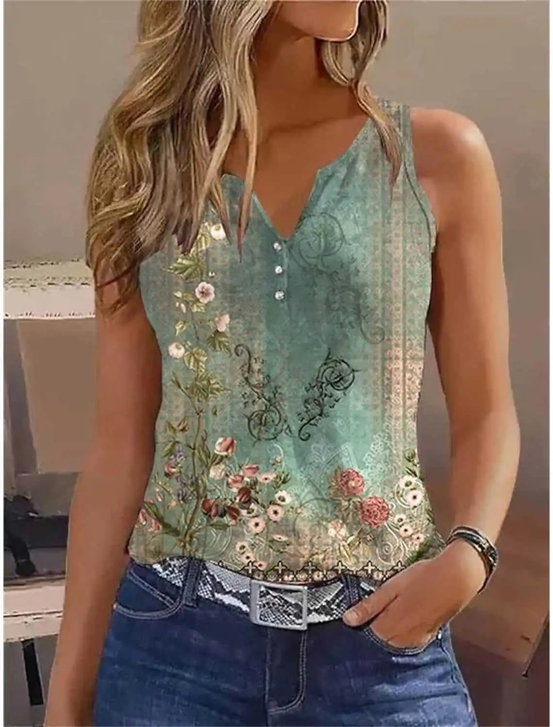 Floral Print Tank Top Notched Neck Sleeveless Top