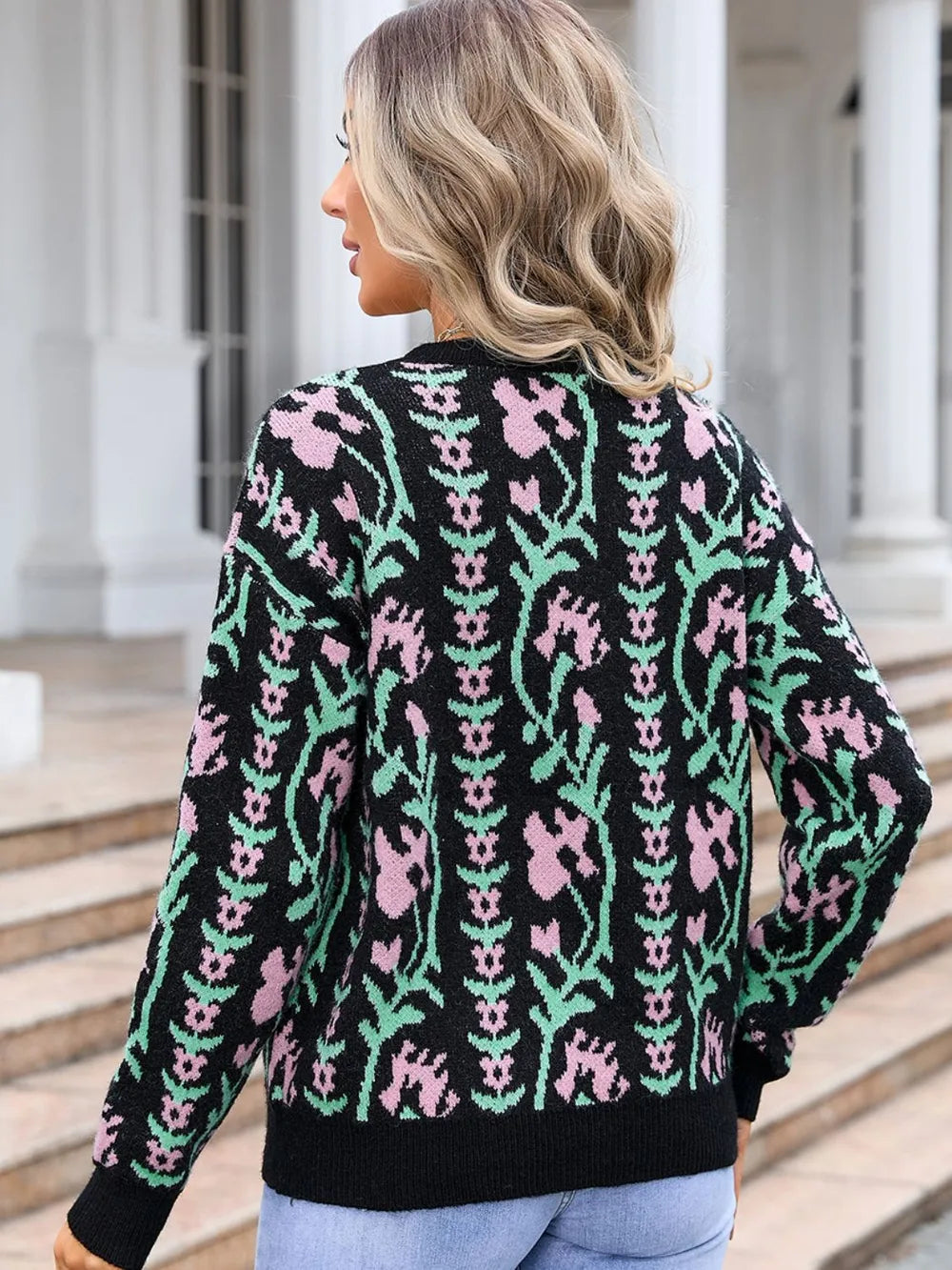 Angel Wings Flower Round Neck Long Sleeve Sweater - -