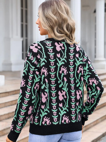Angel Wings Flower Round Neck Long Sleeve Sweater - -
