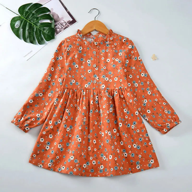 Girls Flower Cotton Long Sleeve Casual Dress