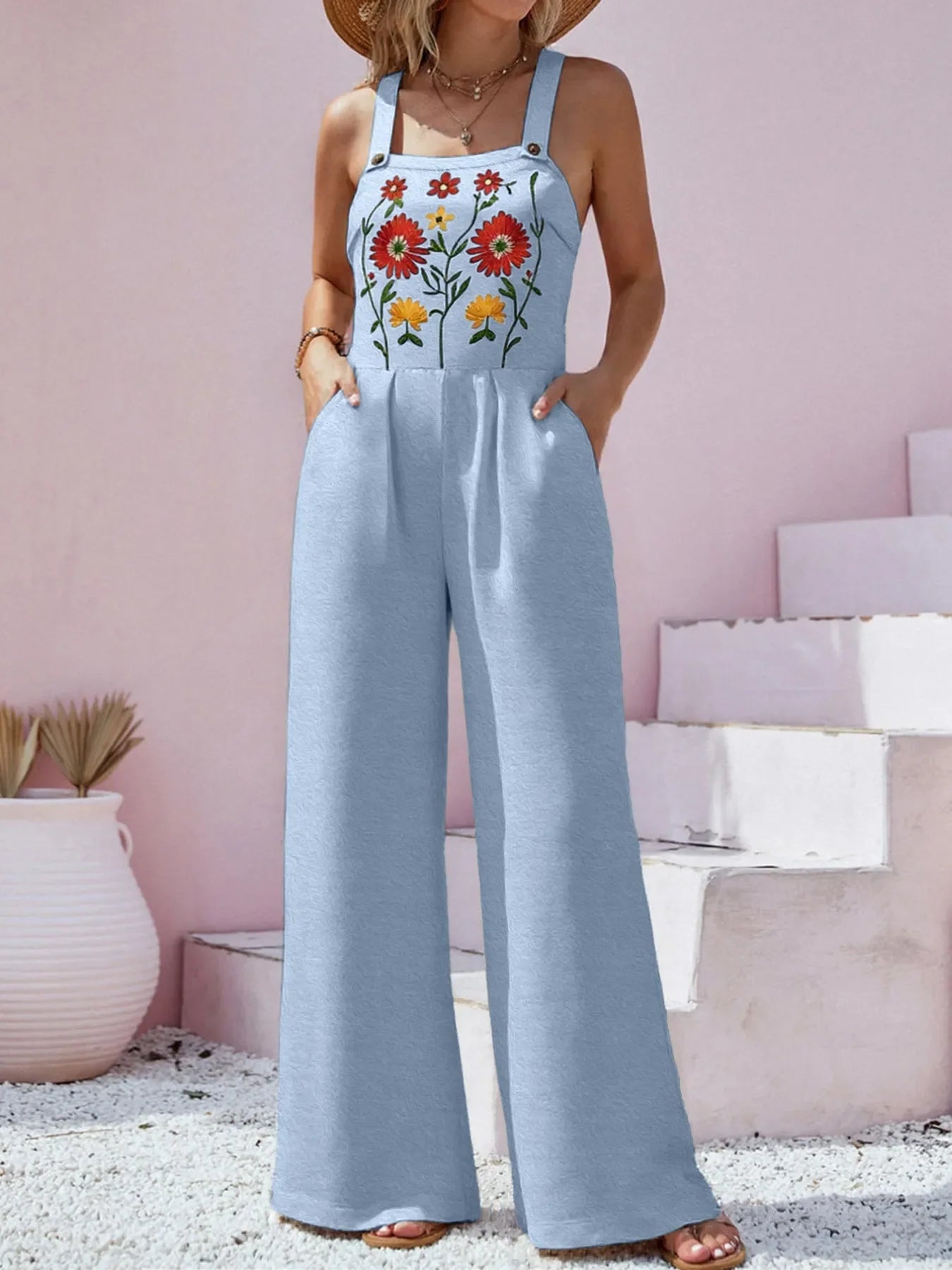 Floral Embroidered Wide Leg Jumpsuit - -