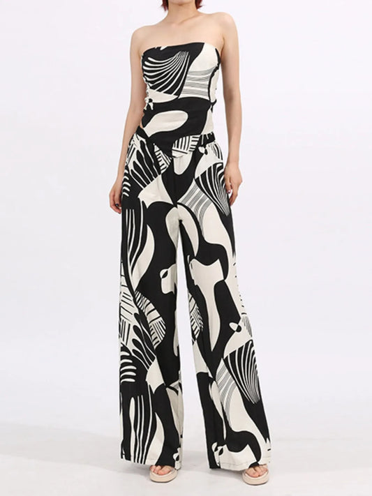 Abstract Print Tube Top and Wide Leg Pants Two-Piece Set - Black -