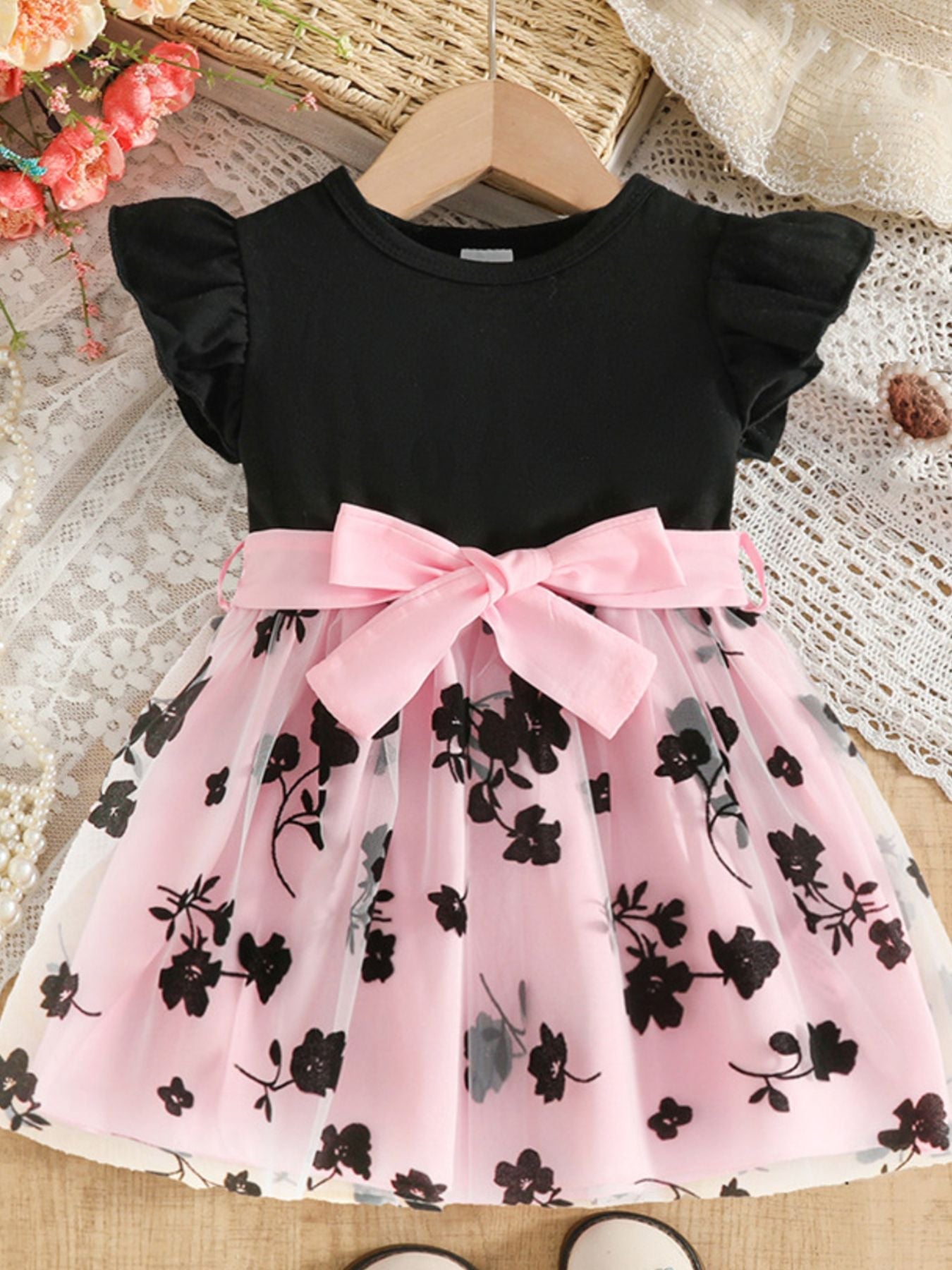 Children's Floral Print Mesh Bowknot Toddler Dress - Pink -