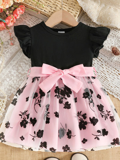 Children's Floral Print Mesh Bowknot Toddler Dress - Pink -