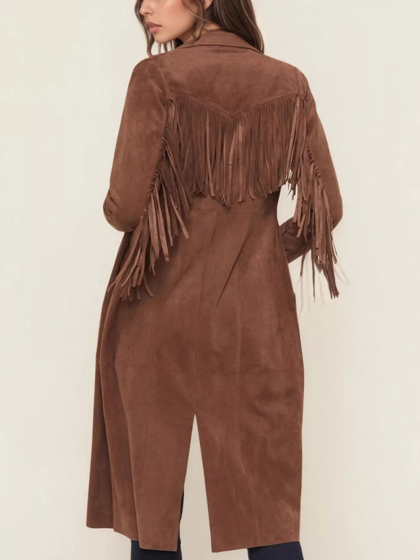 Fringe Lapel Collar Long Sleeve Coat - -