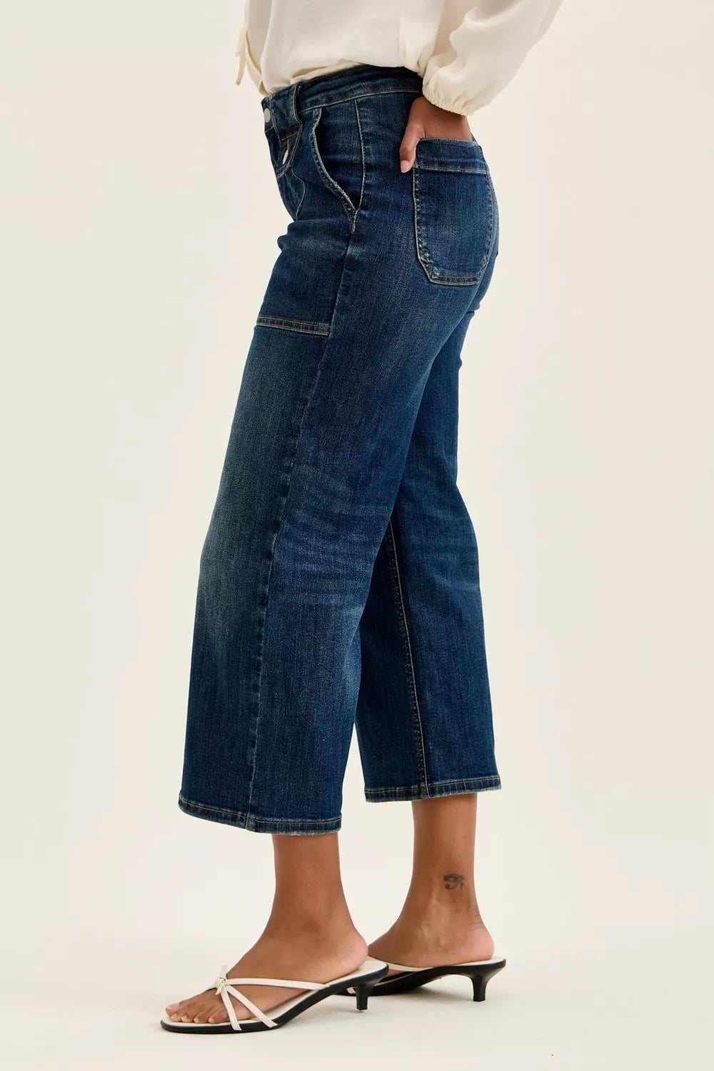 Judy Blue High Waist Wide Crop Utility Jeans with Patch Pocket - - jeans