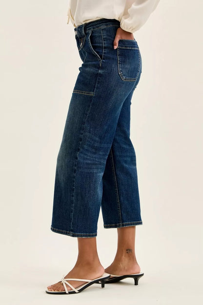 Judy Blue High Waist Wide Crop Utility Jeans with Patch Pocket - - jeans