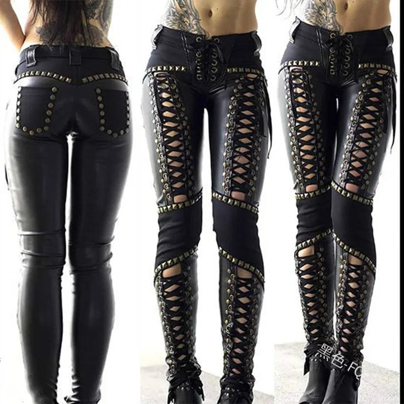 Women's Faux Leather Hollow Out PU Skinny Pants