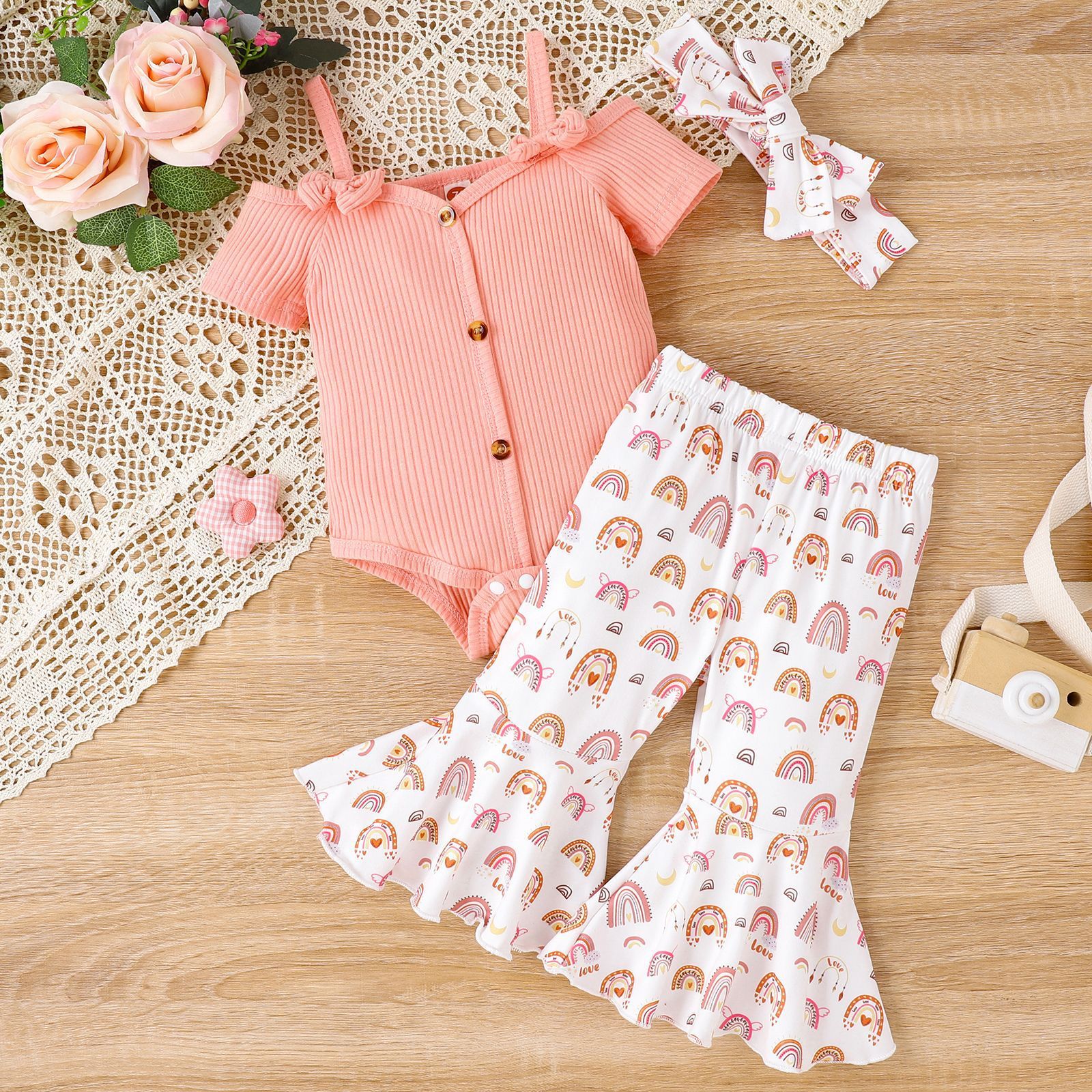 Solid Color Sling Off-shoulder Top Floral Bell-bottom Pants Suit- Baby Joy- {{Product type}}