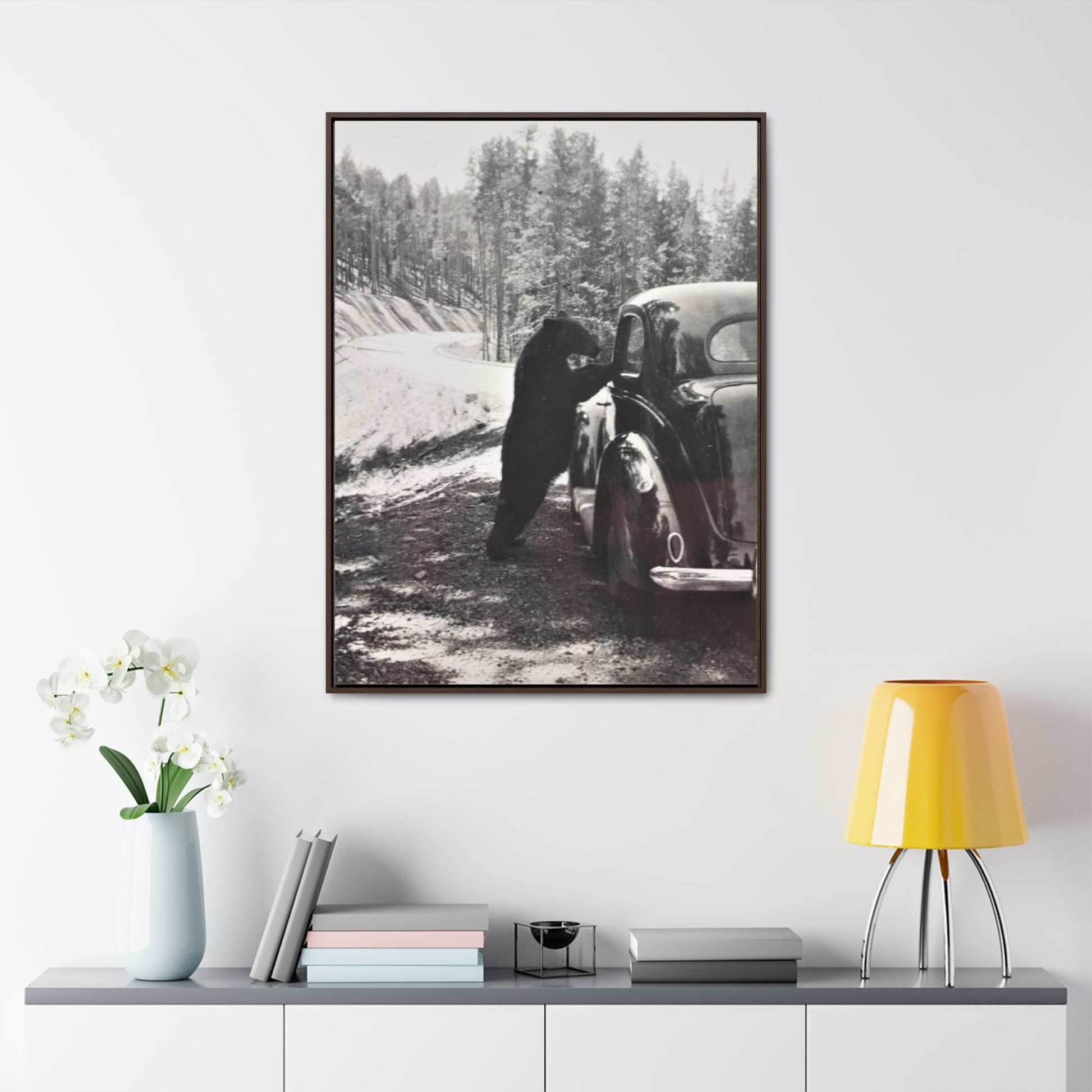 Yellowstone Bear Car Gallery Canvas Wraps Vertical Frame - 30″ x 40″ Premium Gallery Wraps (1.25″) Walnut - Canvas