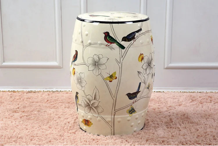 Decorative Drum Ceramic Stools Hand Painted Chinese Flower and Bird Pattern Art