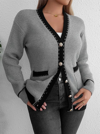 Contrast Trim Button Up Long Sleeve Cardigan - -