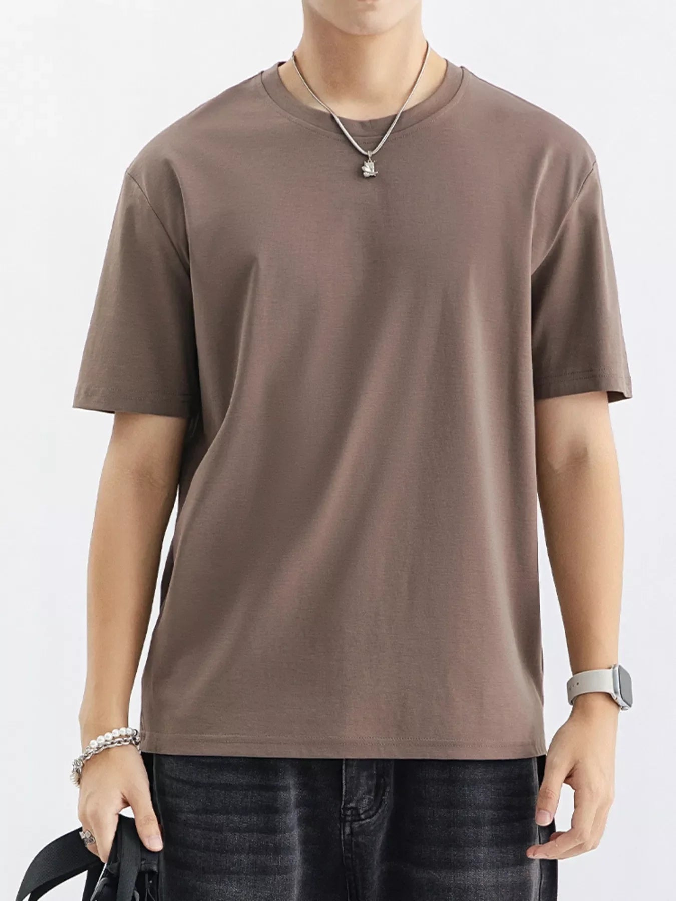 Men's Plus Size Casual Solid Color T-Shirt - Coffee -