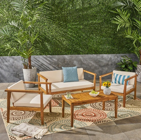 4-Piece Teak Acacia Wood Patio Chat Set with Cushions - - outdoor table set