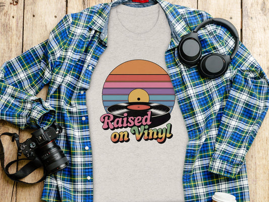 Raised On Vinyl Vintage Retro Style Design Graphic T-Shirt - - T-Shirt