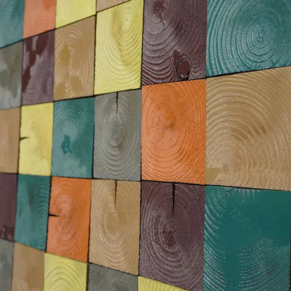 Colorful Square Blocks Wood Panel Interior Wall Mosaic Tile Veneer Pine