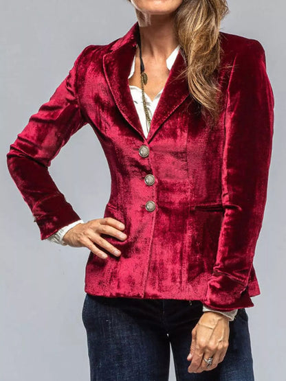 Velvet Lapel Collar Button Up Blazer - -