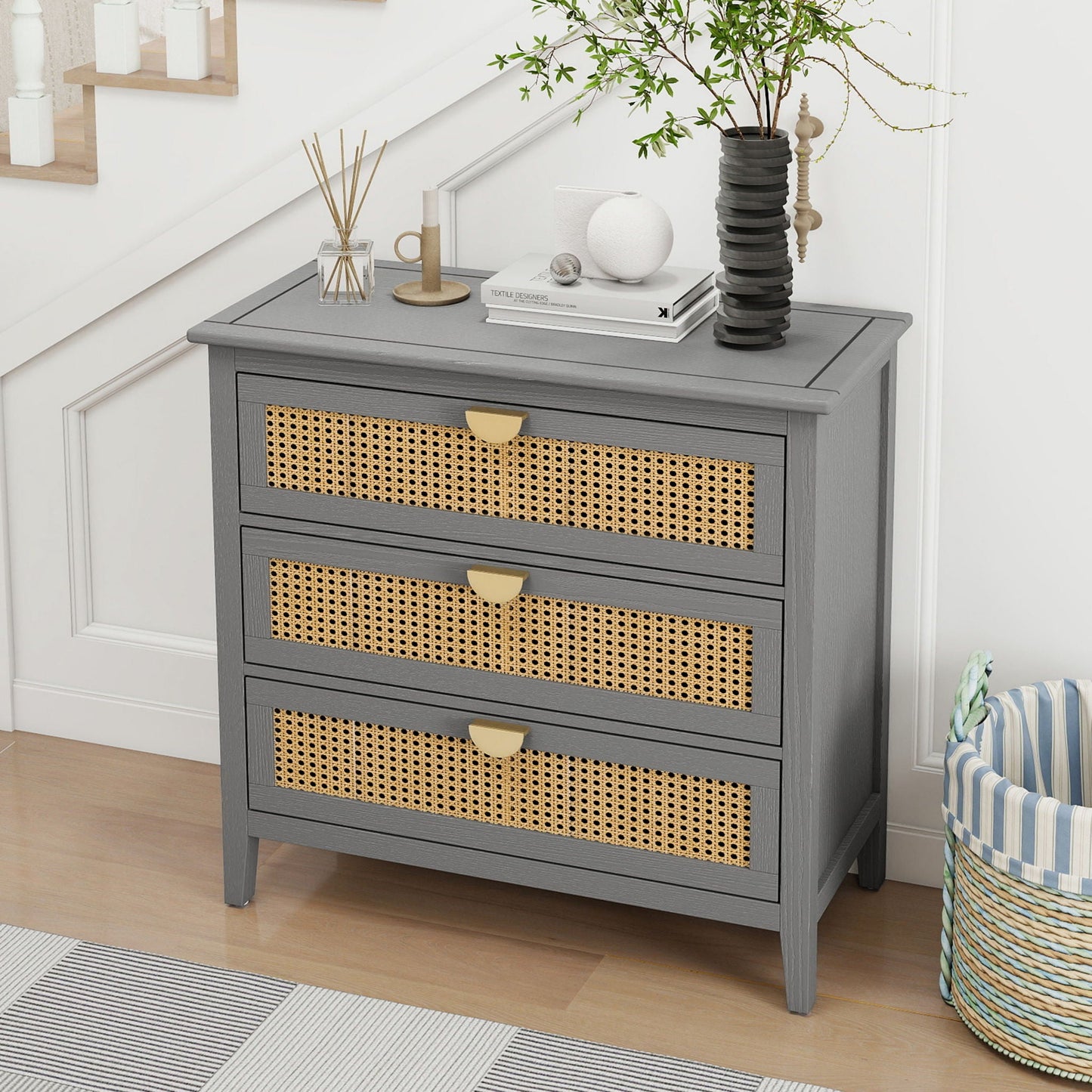 3 Drawer Cabinet, Natural Rattan, American Furniture- Unique Piece Furniture- {{Product type}}