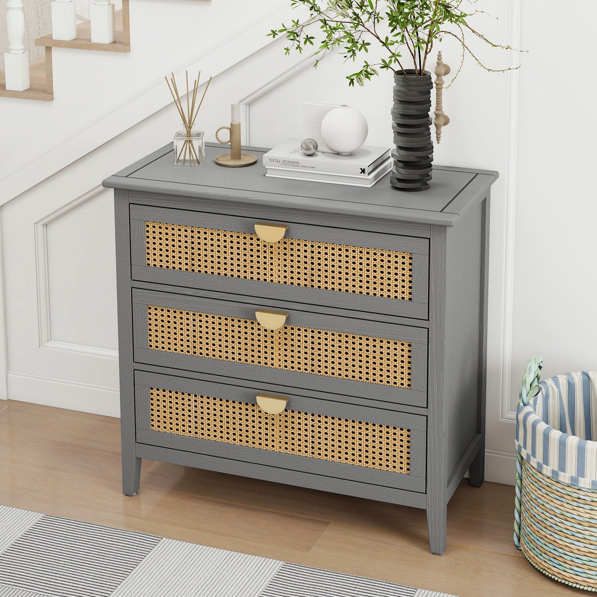 3 Drawer Cabinet, Natural Rattan, American Furniture- Unique Piece Furniture- {{Product type}}