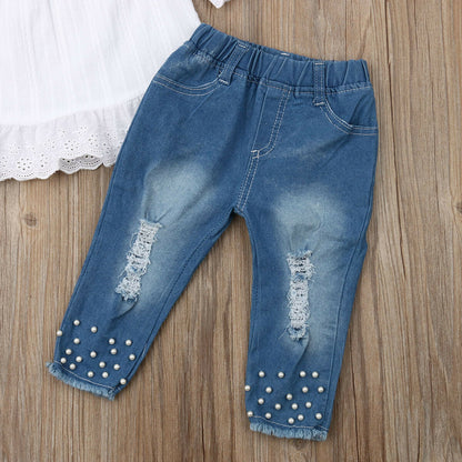 Girls Ruffle Sleeve Off-Shoulder Top and Denim Pants Set - - outfit