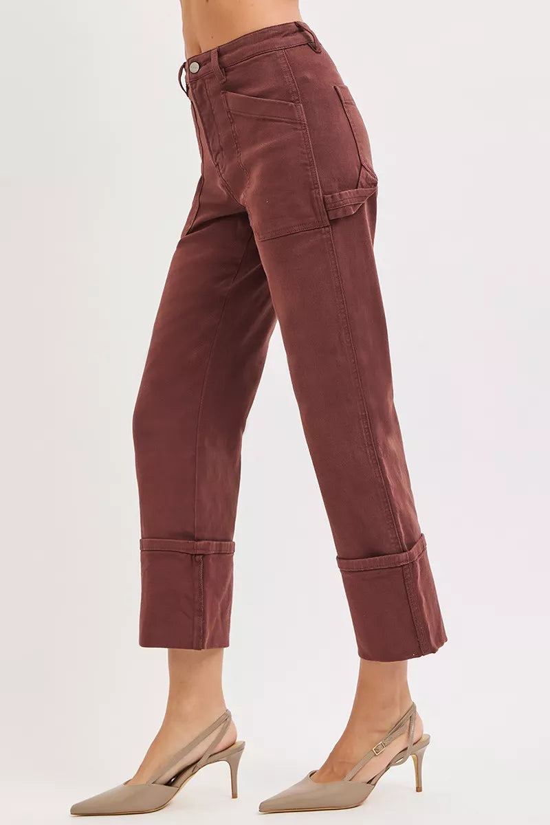 RISEN High Rise Wide Straight Cuffed Patch Jeans - - jeans