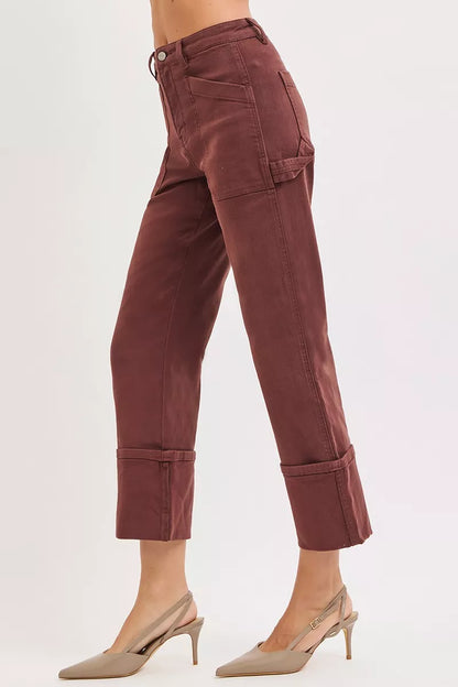 RISEN High Rise Wide Straight Cuffed Patch Jeans - - jeans