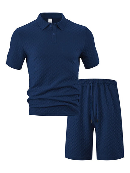 Men's Full Size Textured Polo Shirt and Shorts Set Plus Size - Navy Blue -
