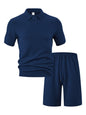 Men's Full Size Textured Polo Shirt and Shorts Set Plus Size - Navy Blue -
